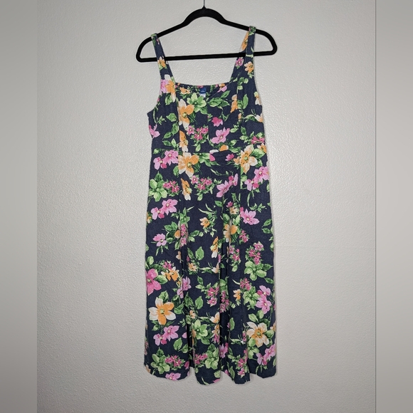 Old Navy Womens Blue Linen Blend Cottagecore Floral Midi Fit & Flare Dress LP - Picture 9 of 9